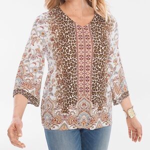 Chico's Blouse Cheetah Leopard Print 3/4th Sleeve Paisley Shirt Top Size 2 Large